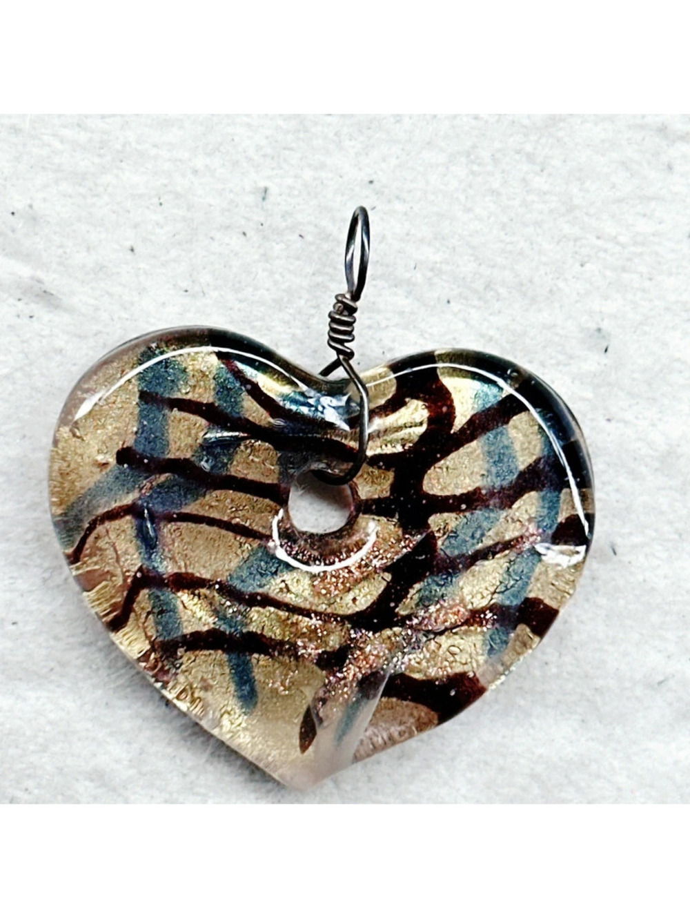 339u. Bronze Heart Art Glass Pendant
